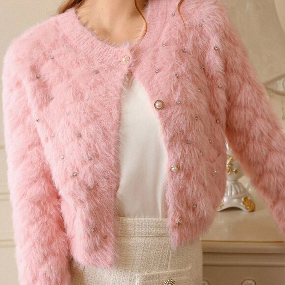 Pink Casual Women's Studded detailed fuzzy button down sweater Cardigan - Picture 6 of 6